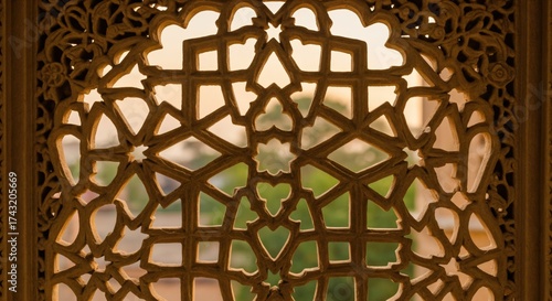 Intricate geometric and floral pattern carved sandstone screen with natural light filtering through, traditional architectural detail.
