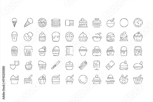 Minimalist Line Art of Sweet Treats and Frozen Desserts