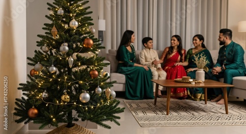 Happy South Asian family, including adults and a boy, gathered in a cozy living room celebrating a festive occasion with a beautifully decorated Christmas tree and traditional attire