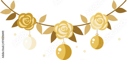 Glamorous champagne gold garland vector illustration with roses and baubles for festive designs