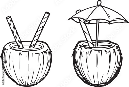 Black and white vector illustration of coconuts as tropical drink containers with straws and cocktail umbrella