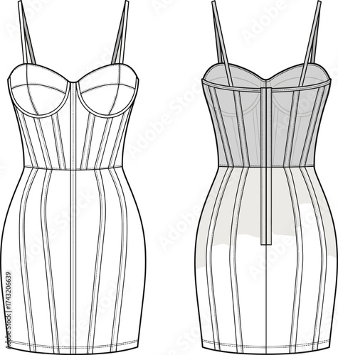 Fitted dress technical flat sketch, front and back view, fashion CAD drawing, vector illustration, apparel design, garment construction, structured bodice
