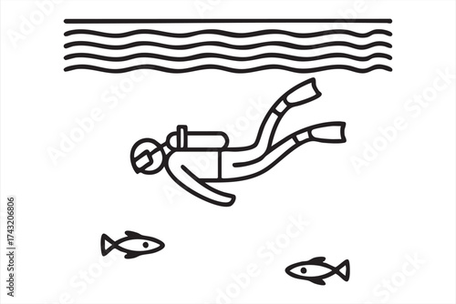 Minimalist Ocean Diving Icon with Diver and Fish