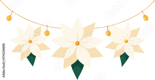 Elegant luminous white poinsettia garland with crystal accents vector illustration