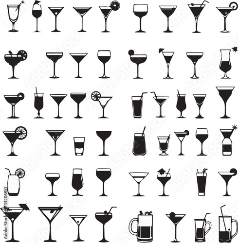 Set of drink glass icons including wine, cocktail, beer, and tumblers, black and white vector illustration