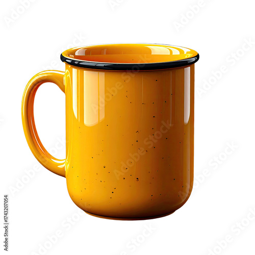 Yellow mug with black rim, speckled, against black backdrop