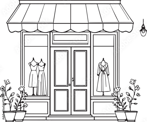 Fashion boutique storefront with mannequins and awning, black and white vector illustration for retail