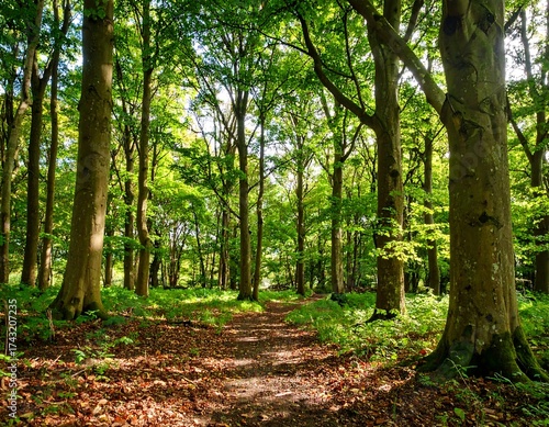 Sunlight path through green forest