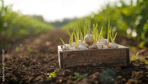 Rustic wooden crate filled with fresh garlic bulbs