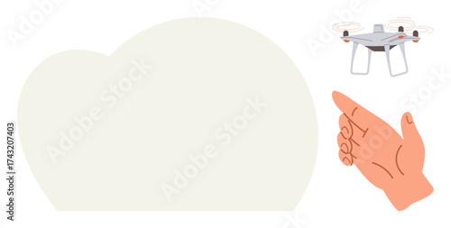 Hand gesturing towards a hovering quadcopter with props above blank cloud-shaped background. Ideal for technology, innovation, remote control, aerial photography, communication, navigation, modern