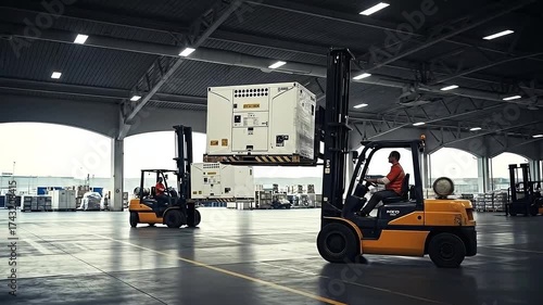 Forklifts Moving Industrial Meat Refrigerated Containers in Cold Storage Warehouse with Workers, Dark Overhead Lighting, Concrete Floors, and Steel Trusses for Adobe Stock