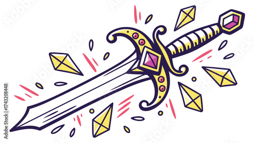 The Royal Dagger of Valor: A shining, ornate dagger, richly embellished with jewels and an elegant handle, suggesting a symbol of strength and royalty, exudes an aura of power and valor.