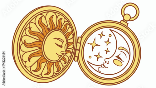 Celestial Harmony: A captivating vintage locket unfolds to reveal a stunning display of celestial elements, embodying the eternal dance between day and night with a touch of nostalgic allure.