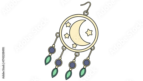 Celestial Earring: A delicate, whimsical earring with a celestial theme, featuring a crescent moon and stars, along with decorative beaded charms.