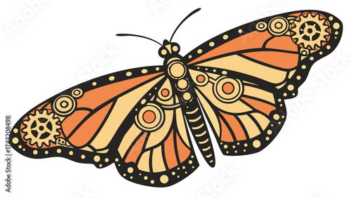 Mechanical Monarch: A stylized illustration of a monarch butterfly is adorned with intricate mechanical gears and cogs.