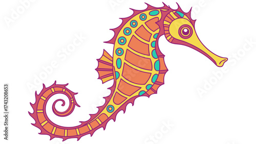 Seahorse Illustration: A vibrant, artistic illustration of a seahorse, adorned with intricate patterns and bright colors, floats on the scene.