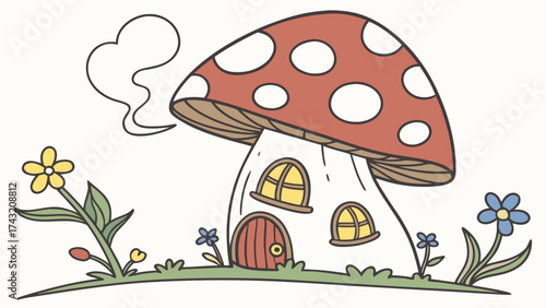 Whimsical Mushroom House: A charming illustration of a whimsical mushroom house, complete with a red-capped roof, windows, and a welcoming door, nestled amidst blooming flowers.