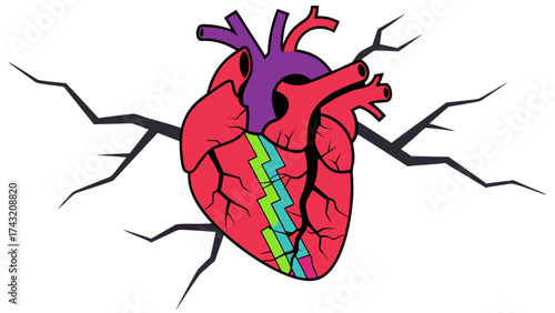Shattered Heart Illustration: A colorful illustration of a human heart is depicted with cracks, symbolizing fragility, damage, or emotional distress.