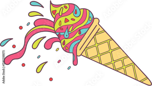 Sweet Summer Bliss: A vibrant, illustrative ice cream cone bursts with colorful, swirling flavors, radiating the joy and refreshing coolness of a perfect summer day.