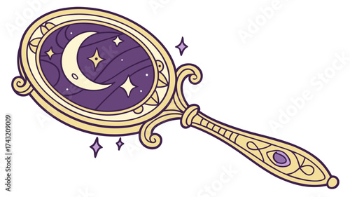 Celestial Reflection: A hand-drawn illustration showcases a ornate, golden handheld mirror, reflecting a serene celestial scene. It invites viewers to appreciate the beauty and fantasy of the cosmos.