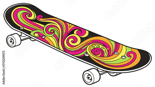 Skateboard with Art Design: A vibrant skateboard with an artistic, colorful design on its deck sits isolated, perfect for projects and themes. 