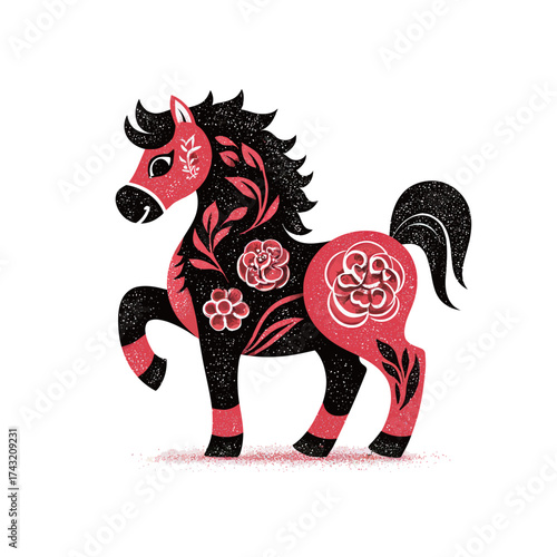 A black horse stands proudly with red floral designs covering its body. The artwork features intricate details and a whimsical style, highlighting creativity and artistry.