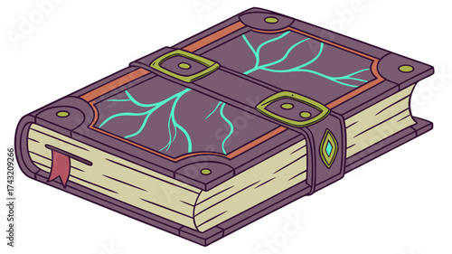 Mystical Grimoire: A detailed illustration of an old book of spells and arcane secrets. The book is closed, adorned with intricate clasps, and glows with otherworldly energy.