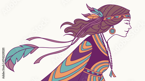 Bohemian Dream: A beautifully illustrated, free-spirited woman in profile, adorned with feathers and ethnic-inspired embellishments, evokes a sense of wanderlust and artistic expression.