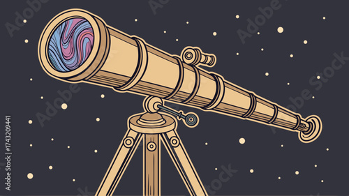 Stargazing Instrument: A meticulously illustrated telescope stands as a portal to the cosmos, its lens reflecting a nebula and surrounded by a star-studded backdrop.