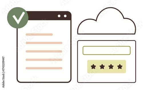 Browser window with checklist and cloud storage form featuring a rating system. Ideal for data management, user feedback, digital storage, cloud service, productivity app, UI design, simple flat