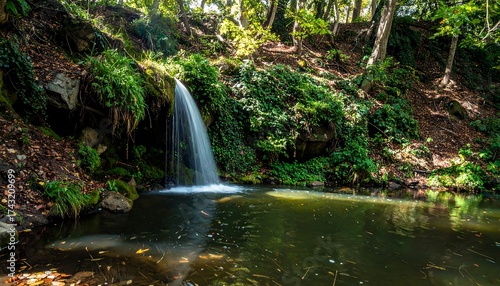 Quiet forest waterfall flows into soft pool, dusk