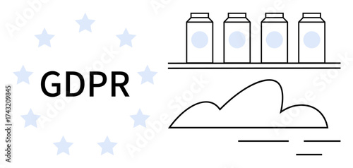 GDPR text, stars, cloud shape, and data storage jars symbolize data compliance, security, storage, and privacy. Ideal for legal, tech compliance cloud computing data management risk