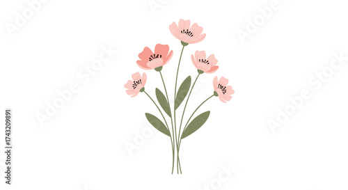 A delicate bouquet of soft pink flowers with green leaves.