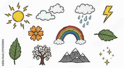 Doodle weather icons vector set, nature and seasonal elements