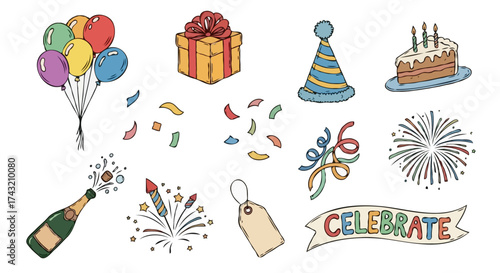 Birthday celebration vector icon set with party elements and festive graphics