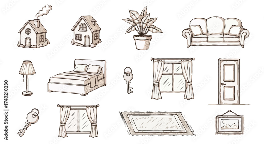 Hand-drawn vector icon set of home interior elements and building