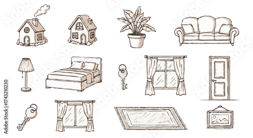 Hand-drawn vector icon set of home interior elements and building