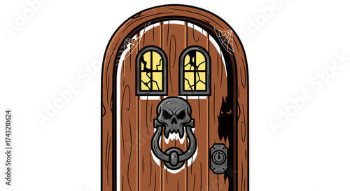 Cartoon wooden door with skull knocker vector illustration for fantasy game asset isolated on white background