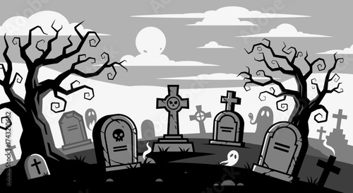Spooky graveyard scene with tombstones and ghosts monochrome vector illustration for Halloween isolated on a white background