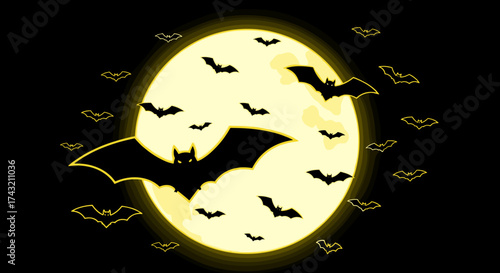 Silhouette of bats flying in front of a full moon vector illustration for Halloween isolated on black background