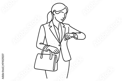 Businesswoman checking time with handbag in professional attire at an office setting during working hours