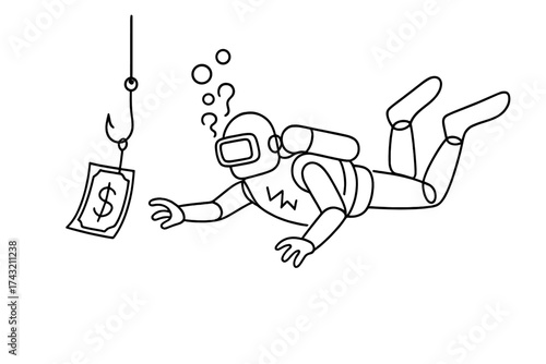 Diver exploring underwater while reaching for dollar bill dangling from fishing hook