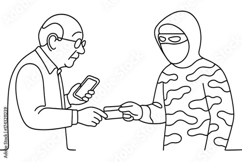 Elderly man exchanges personal information with a masked figure in a suspicious transaction