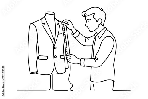 Tailor measures a suit on a mannequin in a workshop setting