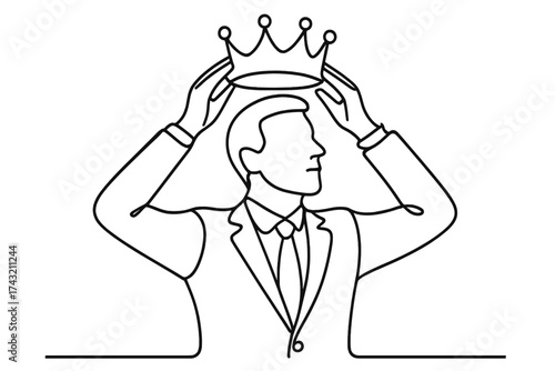 Businessman places crown on head, symbolizing success and leadership, in a minimalist line art style
