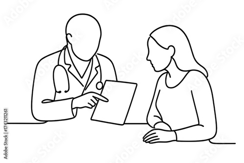 Doctor discussing health report with patient in a medical setting during daytime
