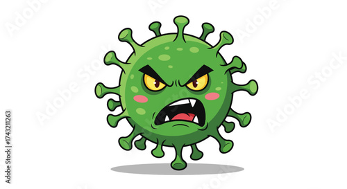 Angry Cartoon Green Coronavirus Character with Spikes.