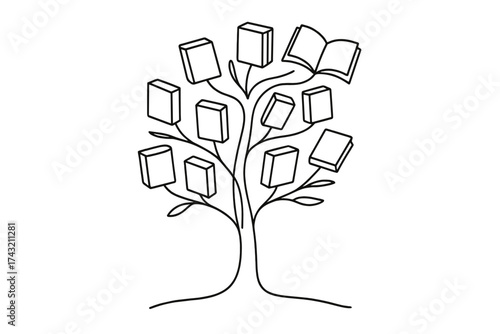 Illustration of a creative tree design made of books and leaves in a minimalist style, perfect for educational themes
