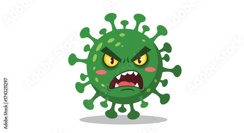 Angry Green Cartoon Virus Character with Spikes and Fierce Expression.