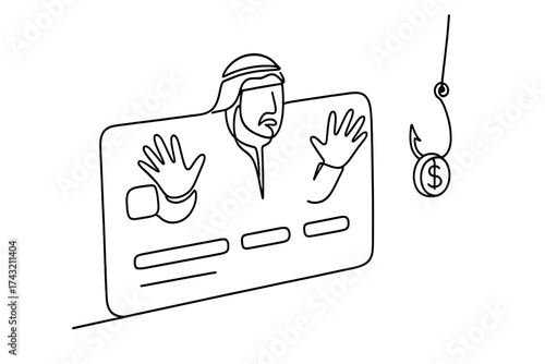 Creative illustration depicting a man trapped inside a credit card with a fishing hook lure nearby